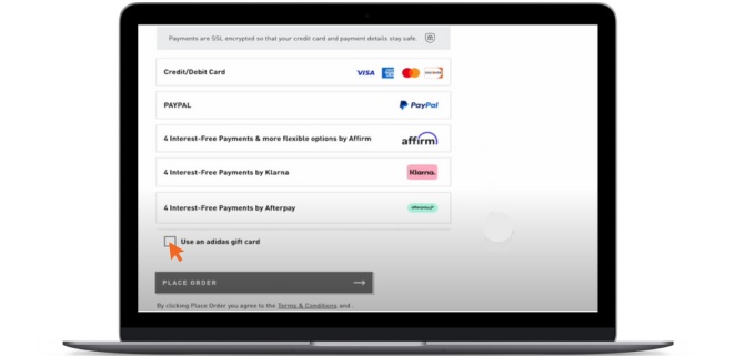 using adidas gift card on website